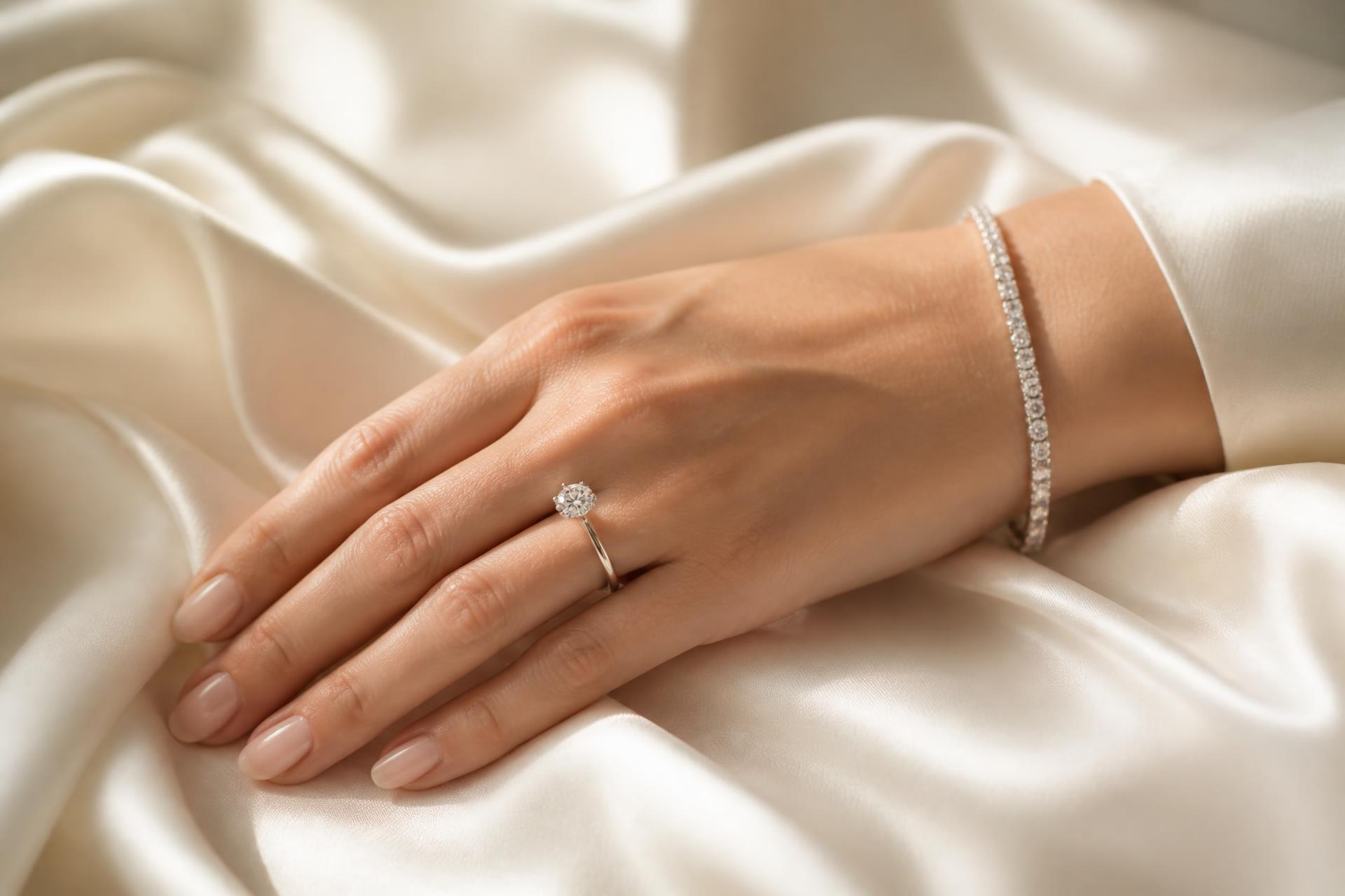 Hand wearing a brilliant moissanite solitaire engagement ring and silver tennis bracelet on ivory silk